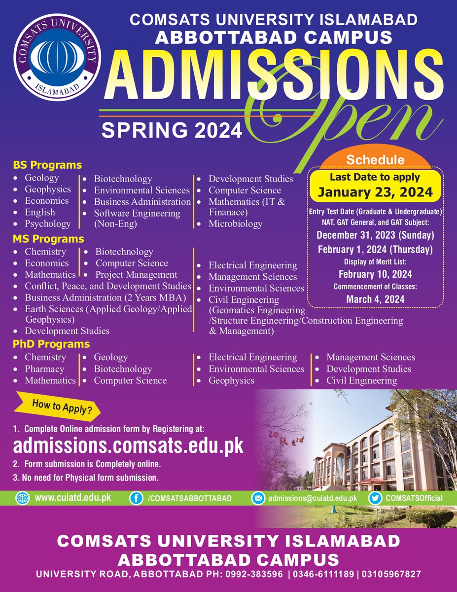 It is to inform you that admissions Spring 2024 have been announced. Schedule Available at Campus Website
cuiatd.edu.pk/admissions/sch…

instagram.com/p/Cz-iIznoxiz/…