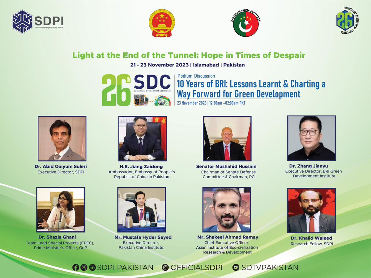 PciPakChina's tweet photo. Join us today for the podium discussion 👇🏻
“10 Years of BRI: Lessons Learnt & Charting a Way Forward for Green Development”
🗓 November 23, 2023
📍 Marriott Hotel, Islamabad
🕒 12:30pm
#SDPI #PCI #China #10YearsOfCPEC #10YearsOfBRI #GreenCPEC https://t.co/NPkln1lexe