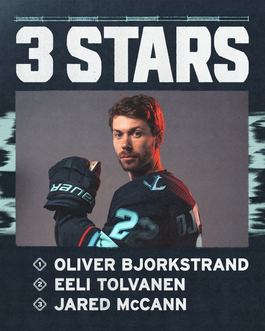 3 stars graphic with photo of Oliver Bjorkstrand 3: mccann 2: tolvanen 1: bjorkstrand