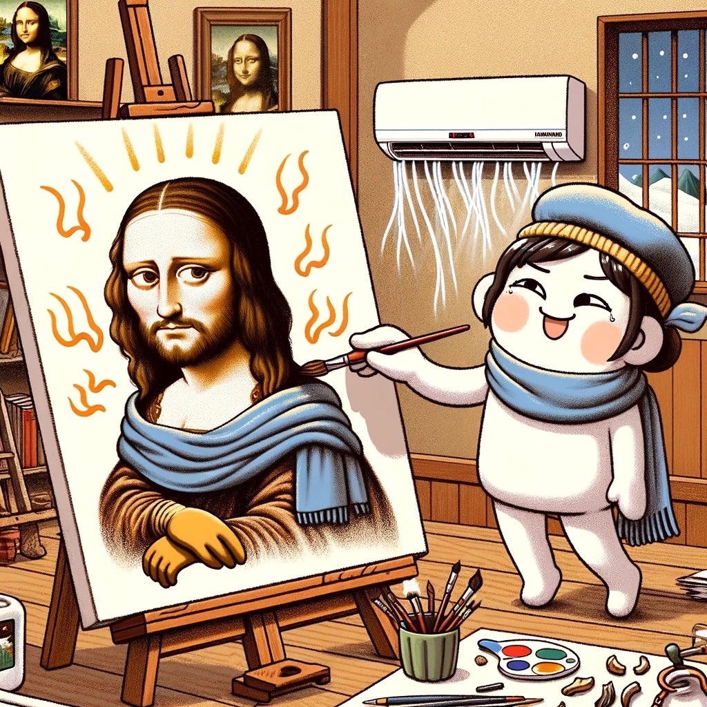 arigatoueakon's tweet photo. レオナルド・ダ・ビンチ：
もしモナ・リザが冬に描かれていたら、その微笑みも凍りついたかもしれない…

ありがとうエアコン：
安心して、レオ！私の温風で、彼女の微笑みを年中無休で暖かく保つよ！
 #冬の微笑み #温風アート
#暖かい傑作
#冬のアートヒート
#レオナルドの暖房
#MasterpieceWarmth https://t.co/wHx3BIkkMo