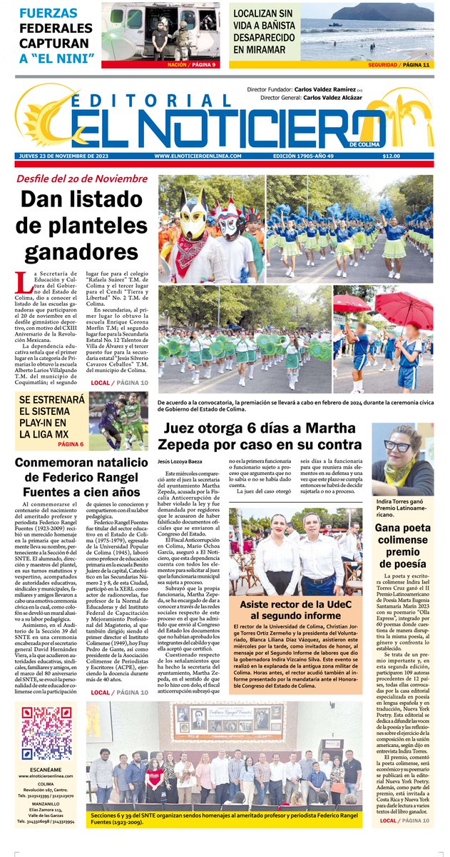 NoticieroColima's tweet photo. PORTADA JUEVES 23 DE NOVIEMBRE DE 2023 https://t.co/7AsHj0OlQ3