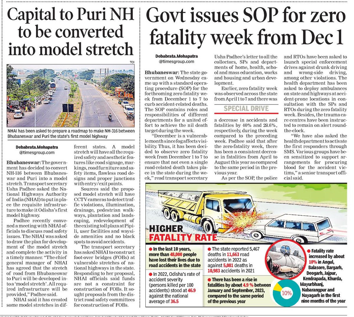 With the mantra of "Every life is Precious" as quoted by our hon'ble CM <a href="/Naveen_Odisha/">Naveen Patnaik</a> we are bracing for the observance of "Zero Fatality Week" from 1st-7th Dec'23 across #Odisha.

An #SOP for the purpose has been shared with all concerned.

#RoadSafety
#OdishaCares