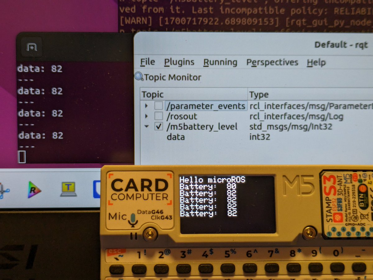 kanpapa's tweet image. microROSでM5Cardputerのバッテリーレベルをpublishできました。#M5Cardputer #M5stack #microROS #Humble