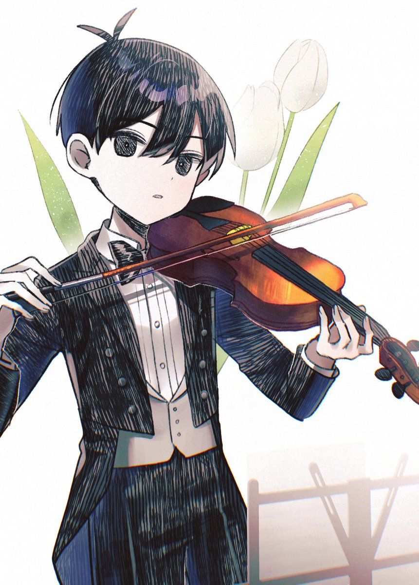 sunny (omori) 1boy violin male focus instrument black hair solo flower  illustration images