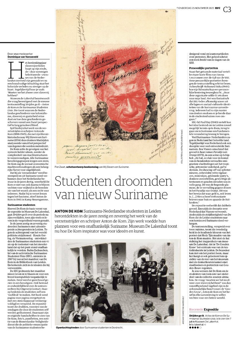 Prachtige bespreking (****) in <a href="/nrc/">NRC</a> van de tentoonstelling ‘Strijden ga ik – Anton de Kom en de Surinaamse Studenten Unie’ een samenwerking tussen @UBLeiden en <a href="/DeLakenhal/">Museum De Lakenhal</a>. Te zien t/m 7 juli.