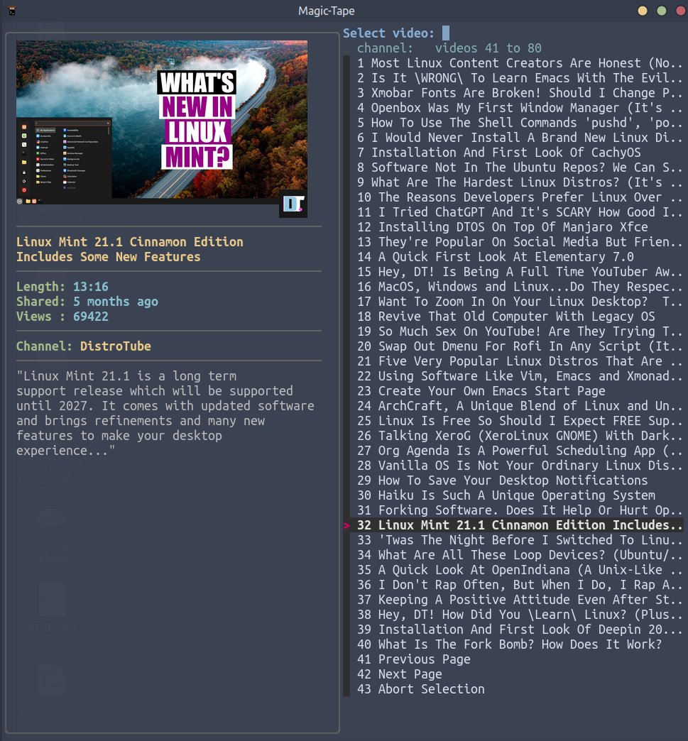 ProgsHub's tweet photo. Magic-tape is an image supporting fuzzy finder command line interface #YouTube client.

https://t.co/RnNnOZMFw5 https://t.co/KhJUDJ2nXm