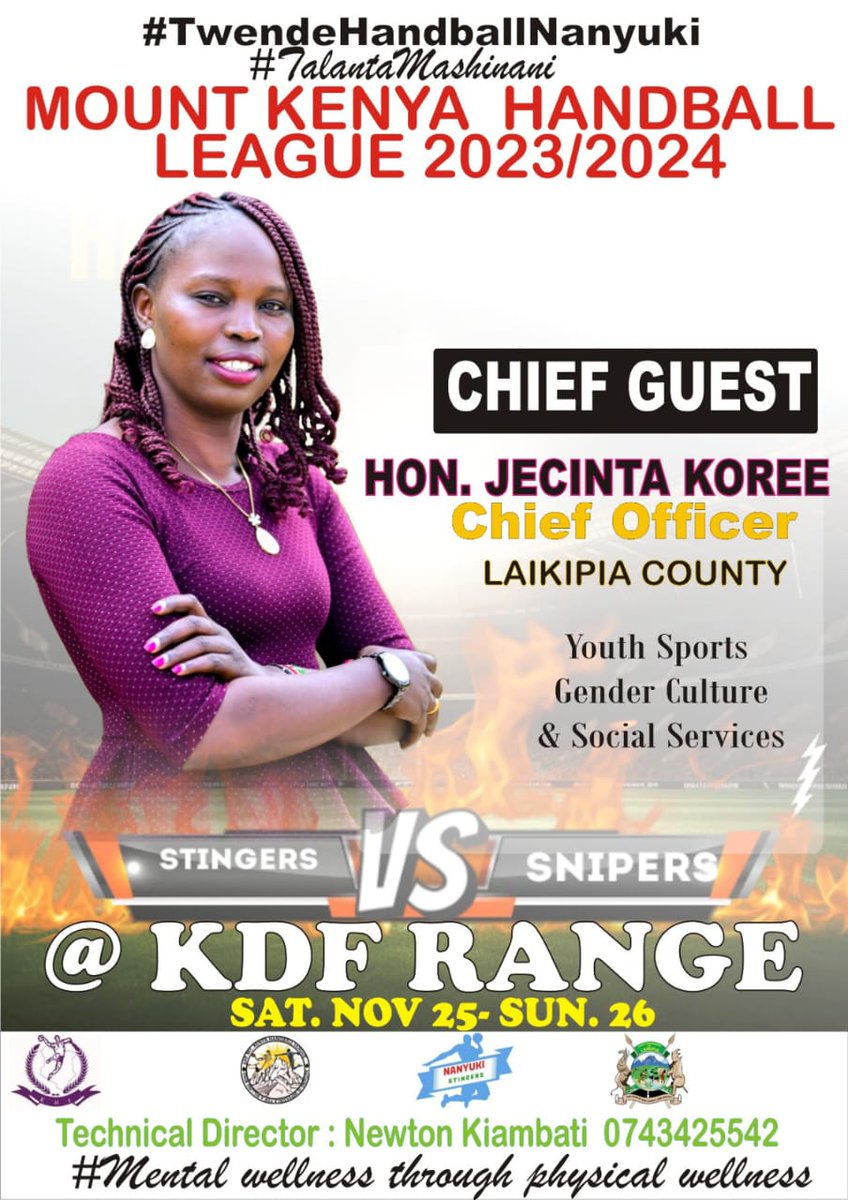 We'll host  #sports this #Weekend 
@LaikipiaCountyG , which will be graced by Chief officer, #Hon jecinta koree, we welcome you @KDF Range Nanyuki. 
#Karibu , #MentalHealthAwareness
#Mountkenya , #Mountainsports
#Handball, #kenya
#sports , #TrendingNow