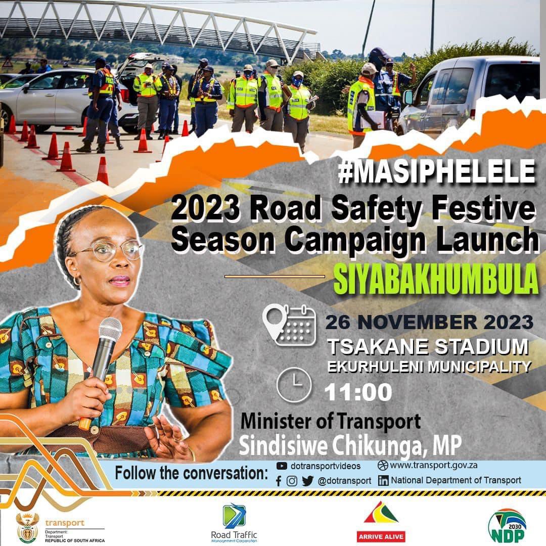 Dotransport's tweet photo. 2 DAYS LEFT!!

Join us this Sunday, the 26th as the Minister of Transport, Ms. Chikunga launch the 2023/24 Festive Season Road Safety Campaign at the Tsakane Stadium in the East Rand under the theme: Masiphelele.

#MASIPHELELE https://t.co/BQF4OINvqb