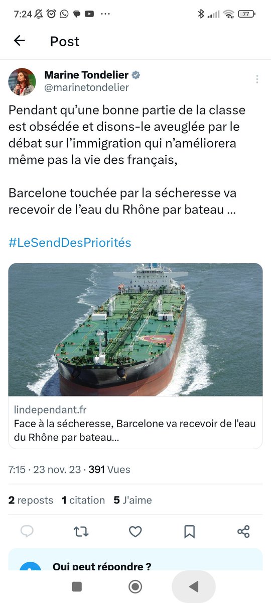 Décidément pour <a href="/marinetondelier/">Marine Tondelier</a> le débat démocratique c est non. Pas de référendum sur l'immigration, tant mieux pour vous pauvres citoyens. Échanger avec elle sur twitter, vous ne pourrez pas ...une Marine en cache t elle une autre ?