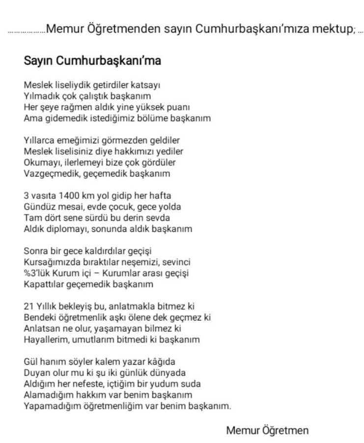 Sn
<a href="/ahmetunluysafak/">Ahmet ÜNLÜ</a>
hocam #MemurÖğretmenler in sorunlarıni da sayın
<a href="/Yusuf__Tekin/">Yusuf Tekin</a>
bakana hatirlatmanizi umut ediyoruz Zira 11 yıllık bir hak arayışı içindeyiz. Kamuda öğretmen ünvanina sahip memurlarız. MEB'in 2012 yer değiştirme yönetmeliği ile kurumlar arası geçiş kaldırıldı ü