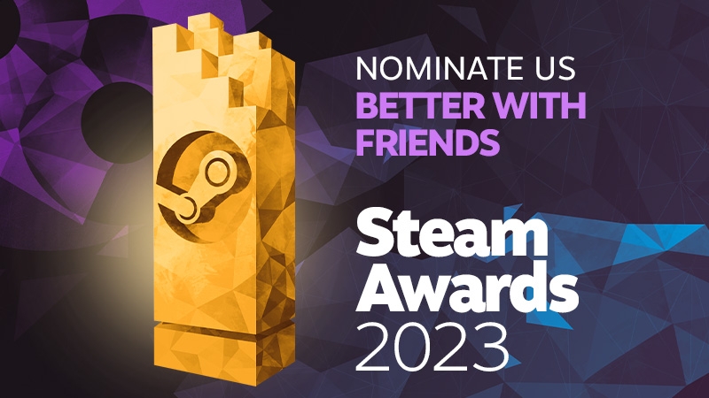 The Steam Awards 2023 are here! 🎉  
If you've had some fun times with friends in Party Animals, please cast a vote for us, thank you all!💜
Nominate Party Animals for the “Better With Friends' Award: store.steampowered.com/news/app/12603…
#SteamAwards #partyanimals