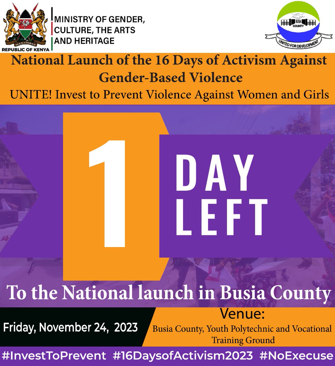 It is a matter of hours before the official launch of the #16DaysOfActivismAgainstGenderBasedViolence in #BusiaCounty. A reminder of the role we all to have to play in creating a safe & just society. Violence targeting any individual or group is violence against all. #StopGBV