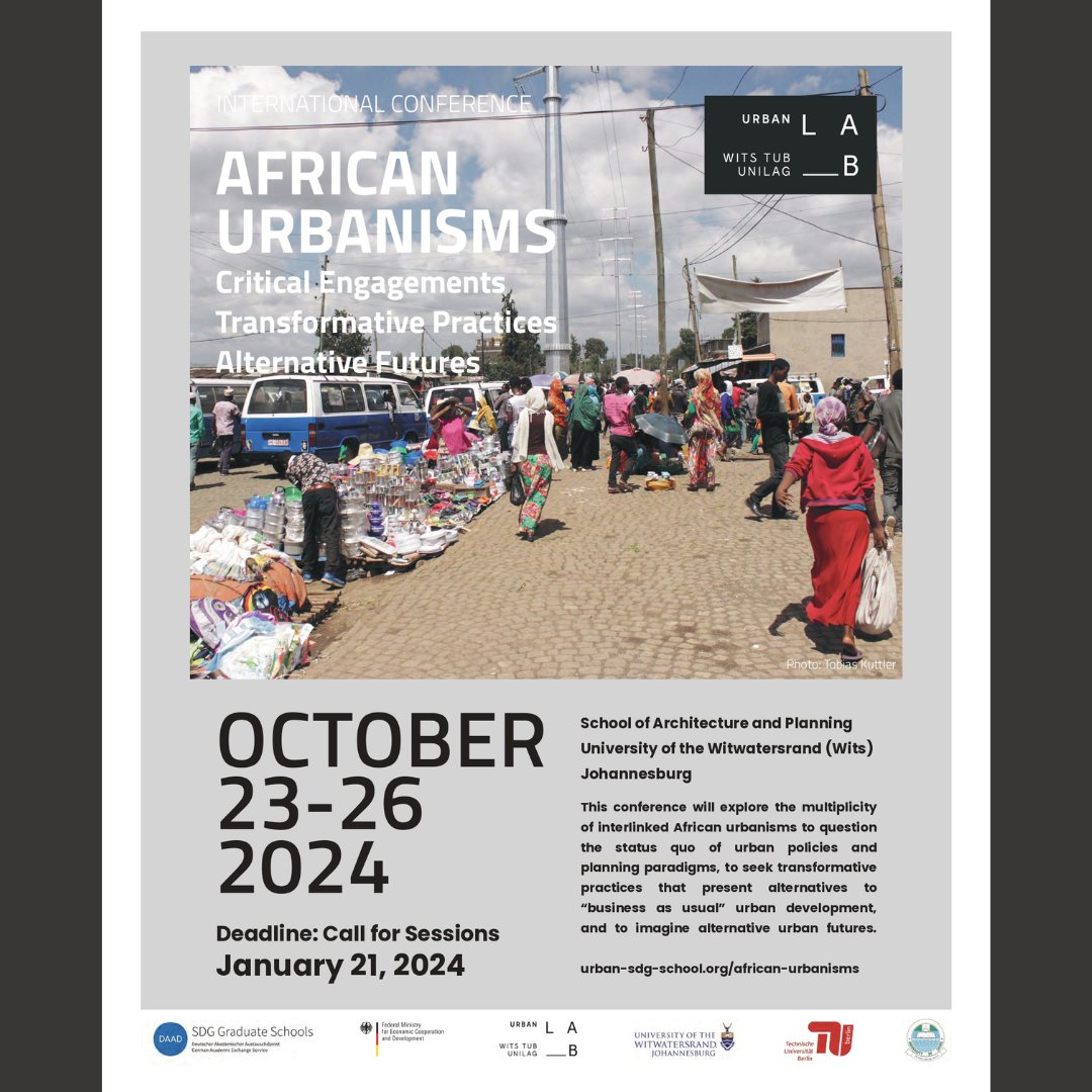 UFC_DUT's tweet photo. @tub_lab will host the “African Urbanisms” conference at @WitsUniversity from 23 - 26 Oct 2024. The call for session proposals is now open! 

Submission Deadline: 21 Jan 2024

Concept Note: https://t.co/PiHazWi76u
Guide: https://t.co/C9ZBZqzEYG
Template: https://t.co/eUPOMNzltI https://t.co/2HPDfdA4r1