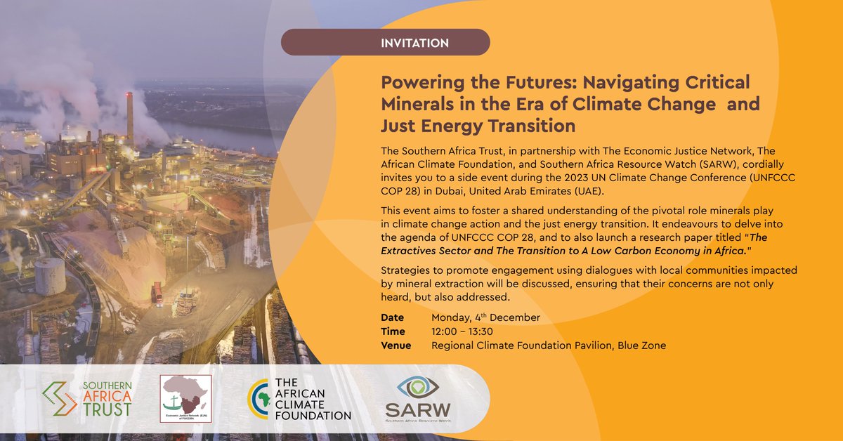 SthrnAfrcaTrust's tweet photo. Are you attending COP 28 in Dubai? Please plan to attend our side events, which we have organized in collaboration with Southern Africa Resources Watch, the Economic Justice Network (EJN), and the African Climate Foundation. @FordFoundation @AfricanClimateF @The_SARWatch https://t.co/qLMqqLcyc9