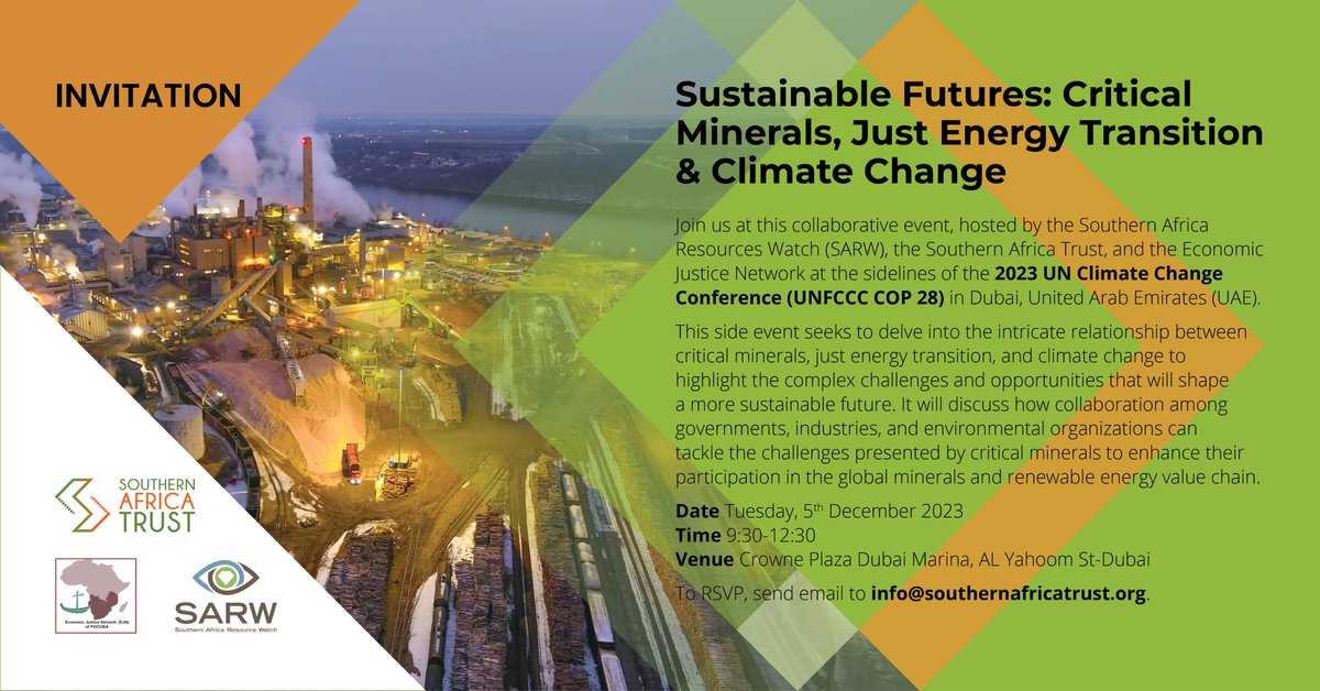 Are you attending COP 28 in Dubai? Please plan to attend our side events, which we have organized in collaboration with Southern Africa Resources Watch, the Economic Justice Network (EJN), and the African Climate Foundation. <a href="/FordFoundation/">Ford Foundation</a> @AfricanClimateF <a href="/The_SARWatch/">Southern Africa Resource Watch</a>