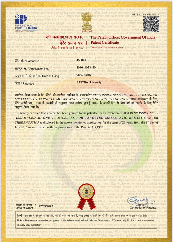 @SastraUniv Tissue Engg & Additive Mfg (TEAM) lab secured another patent on development of theranostic materials for treatment of metastatic breast cancer. This work was carried out by Dr. S. Anuradha & team & funded by SERB, @IndiaDST @dpradhanbjp ji @mamidala90 @SITHARAMtg