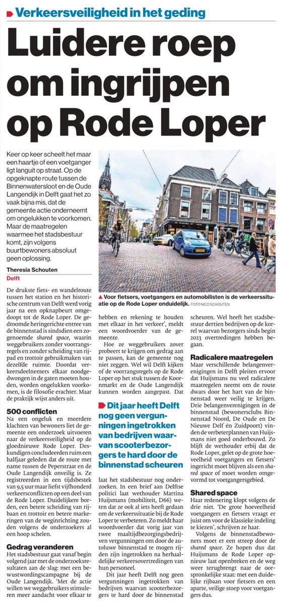 <a href="/ADDelft/">AD Delft</a>: “Luidere roep om ingrijpen op Rode Loper” #Delft
Verkeersveiligheid in het geding

Drie belangenverenigingen in de binnenstad (bewonersclubs Binnenstad Noord, De Oude en De Nieuwe Delf én Zuidpoort) vinden de verbeterplannen van <a href="/MAHuijsmans/">Martina Huijsmans</a> niet goed onderbouwd.