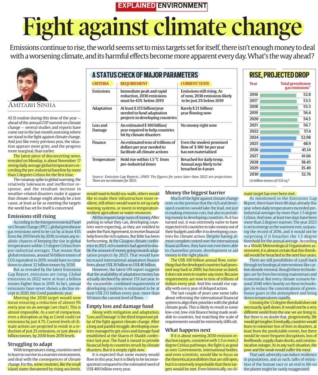 'Fight against Climate Change'
:Well explaind by Sh Amitabh Sinha
Details:#EmissionsGap report,
#emissions 📈,#GlobalWarming #ClimateFinance 📉 #LossAndDamage #Adaptation, the future &More info..

#ClimateCrisis #ClimateFight
#GlobalGoals
#ClimateAction
#COP28 

#UPSC

Source: IE