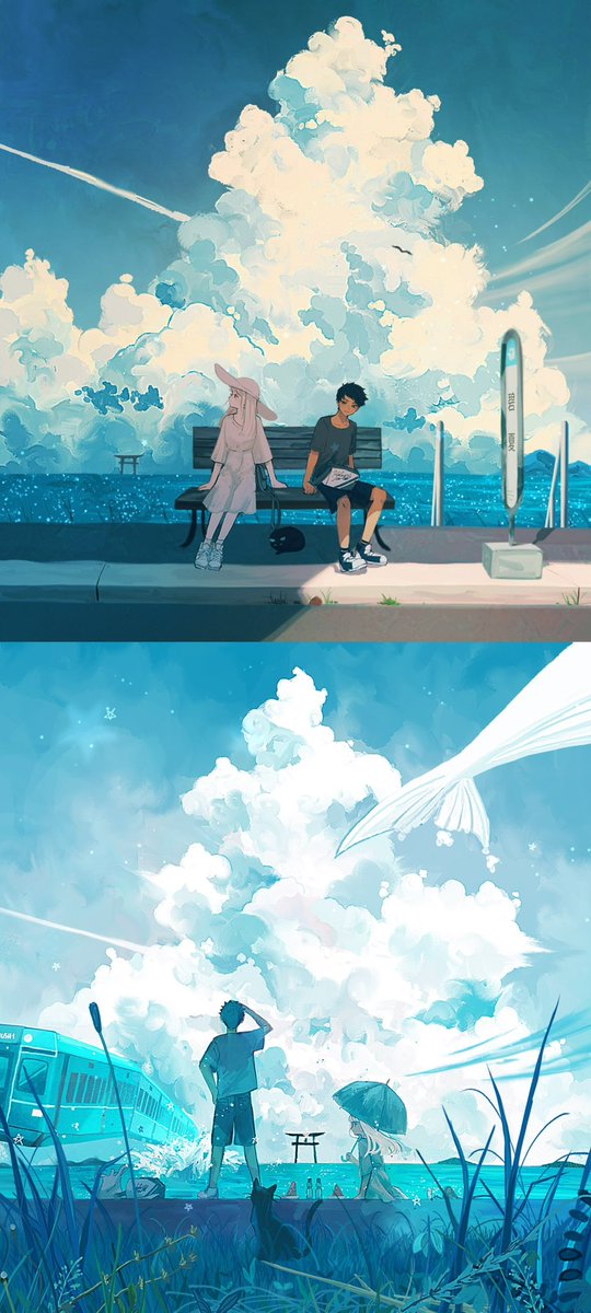 cloud sky outdoors sitting 1boy bench 1girl  illustration images