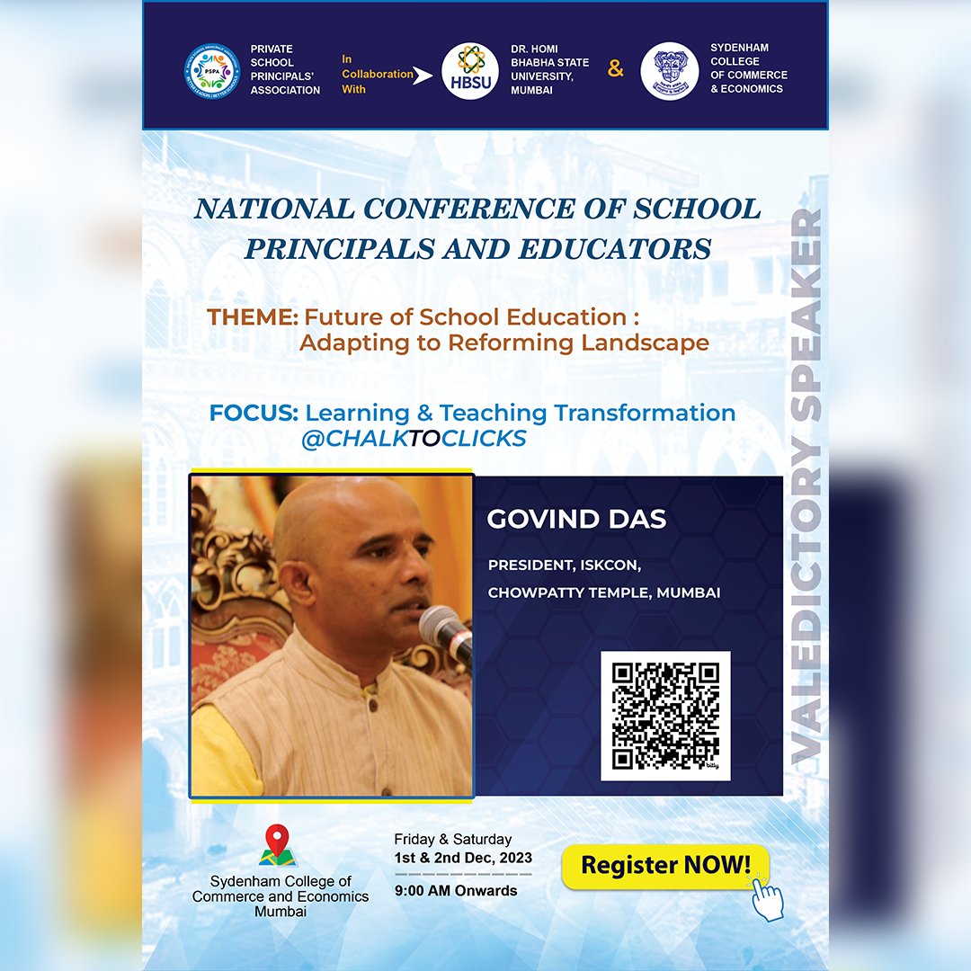 THEPSPA's tweet photo. Honored to announce Govind Das, President of ISKCON Chowpatty Temple, Mumbai, as our esteemed Keynote Speaker at the National Conference of School Principals &amp; Educators! Join us for his insights on the "Four Pillars of Education." #NCF23
Registration: https://t.co/rhtmz4PYgI https://t.co/SsIbhxXVyB