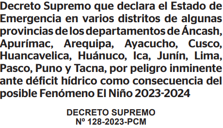 COENPeru's tweet photo. 🚨 #COENInforma
Ejecutivo declara Estado de Emergencia por peligro inminente ante déficit hídrico como consecuencia de posible Fenómeno El Niño 2023-2024. (1/2) https://t.co/NEbNIVRt6M