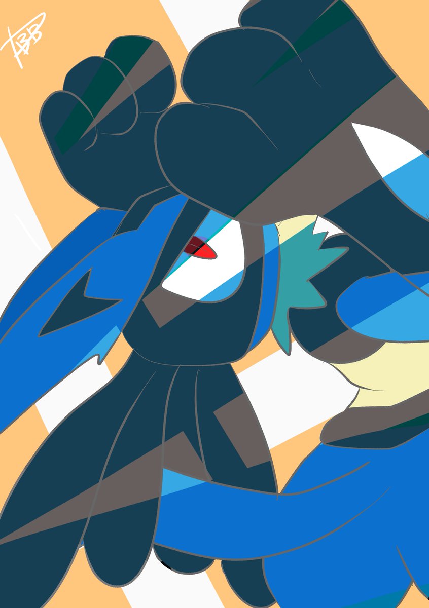 lucario solo pokemon (creature) signature red eyes furry yellow fur blue fur  illustration images