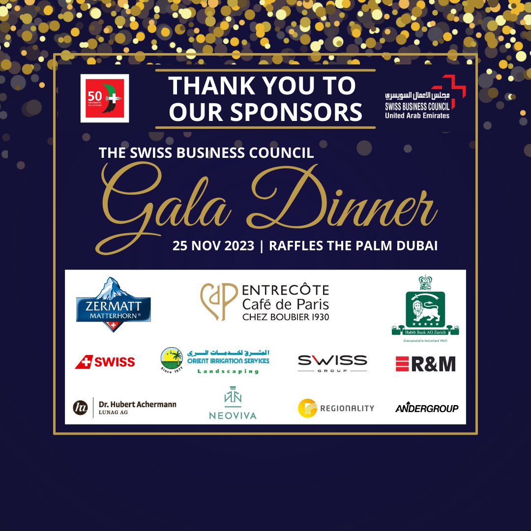 We would like to extend a heartfelt #THANKYOU to the generous #sponsors of the upcoming SBC #GalaDinner, making this special event possible. Looking forward to a wonderful evening! #SponsorAppreciation #SwissBusinessCouncilUAE #SwissInUAE #Celebration #Anniversary #SwissAbroad