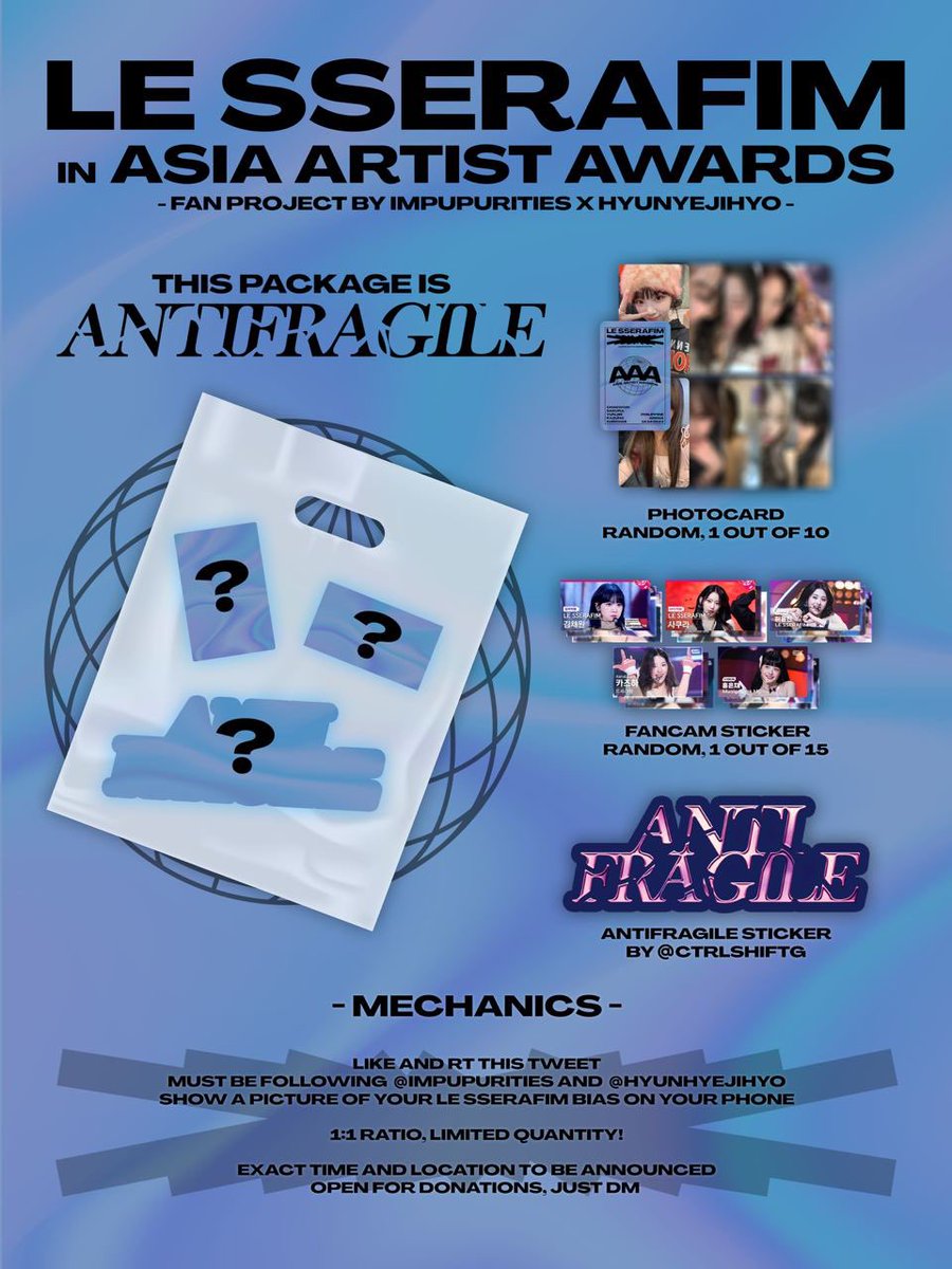୧ ‧₊˚ le sserafim x #AAA2023inPH⋅ ☆

fan support by <a href="/impupurities/">summerz #1 fan</a> x <a href="/hyunhyejihyo/">zan~</a> 🫧

we’ll be giving away these 𝒂𝒏𝒕𝒊𝒇𝒓𝒂𝒈𝒊𝒍𝒆 packs with stickers and unofficial pcs on dec. 14 .ᐟ

➜ full mechanics below
➜ open for trades &amp; donations, just dm!

see you there 🩵