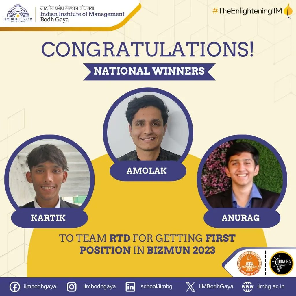 ipmiimbg's tweet photo. IIM Bodh Gaya proudly heralds triumphs and excellence!

We congratulate Team RTD and team Team Govind from IPM 02 for their dedication and success, epitomizing the spirit of excellence in various case study competitions!
#ipmiimbg #IIM #IIMBG #IPM  #TheEnlighteningIIM https://t.co/RgPSLmoptC