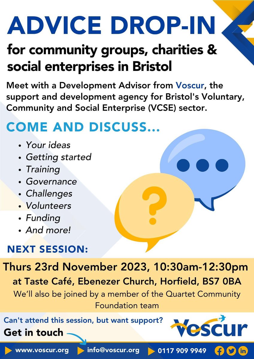 Today at our community cafe, we welcome a Development Advisor from @Voscur. Any community group, charity or social enterprise is welcome to drop in between 10.30-12.30 for advice and support. They will be joined by a colleague from @QuartetCF. And its our usual warm welcome space