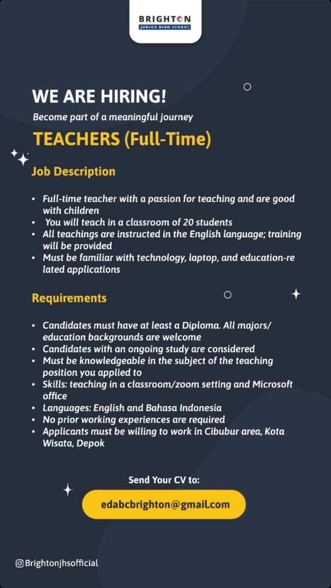 Halo teacher deobis di Cibubur, Depok dan sekitarnya! Buat kalian yang lulusan pendidikan/psikologi atau punya passion dalam mengajar, boleh banget kirim CV ke email tertera ya! Especially english & christian teachers >< #lokerfordeobi