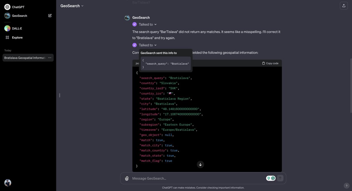 GeoSearch_dev's tweet photo. GeoSearch as a custom GPT on ChatGPT: https://t.co/lHlNyVzYvm

With @GeoSearch_dev you can: Transform any unstructured text data into meaningful geo data 🗺️. Get geolocation data such as Country, State, City, Coordinates, or Timezone. 🌎🌍🌏 https://t.co/HcUyX8jr8C
