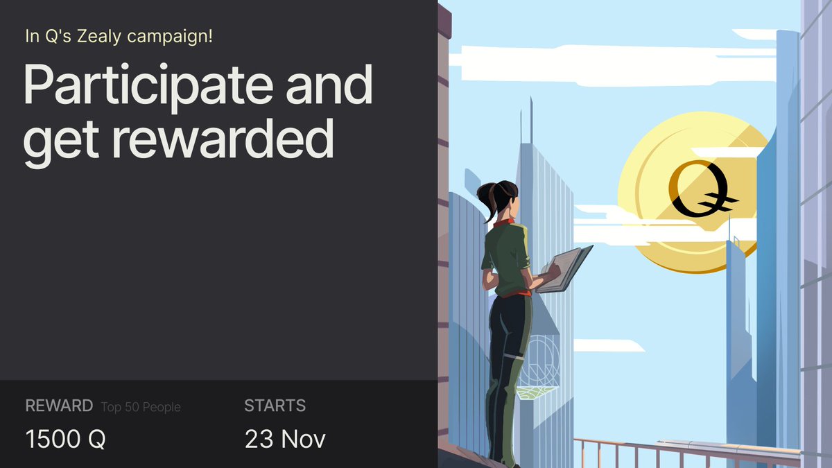 Get ready for the #QProtocol Zealy Sprint Campaign that just launched! Dive in, tackle challenges, complete tasks, and you could win a share of 1500 Q tokens!

Be top 50 🎊

For more info and details on how to kickstart your journey: zealy.io/c/qblockchain/…

#Zealy #Crypto #Q