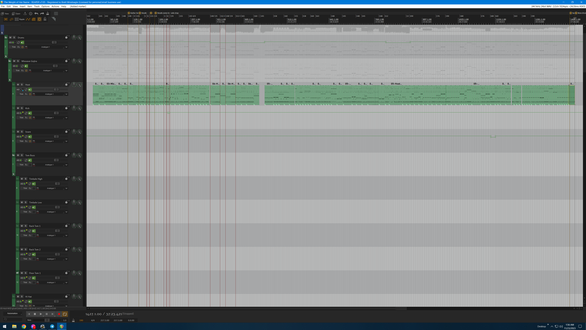 Two days and about 6hrs of work later, the drums for the next Lascaille's Shroud album are completely done, edited, mixed, everything. Aside from reamping the lead guitars, this album just needs vocals.

And yes, I like my tempo changes. Can't have a 38+ minute song be one tempo