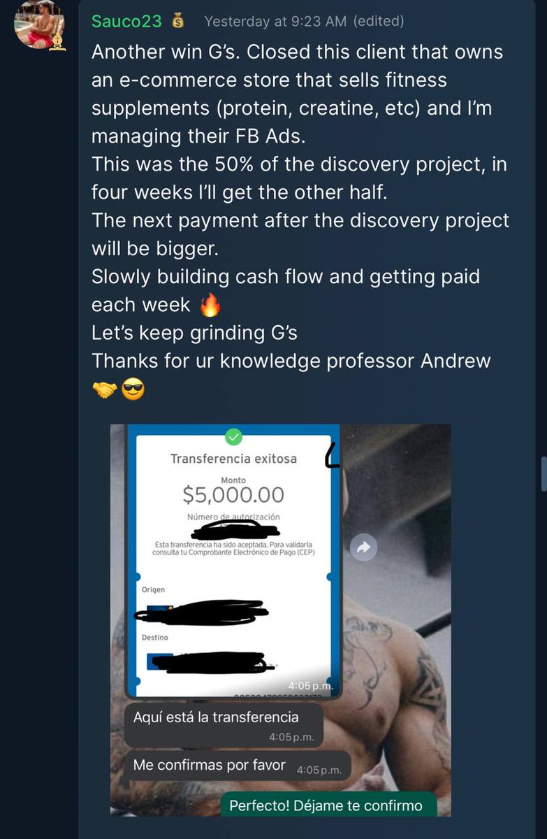 Another win! 

He closed a client that owns an e-commerce store that sells fitness supplements (protein, creatine, etc) and he's managing their FB Ads. 

This was the 50% of the discovery project, in four weeks he'll get the other half.