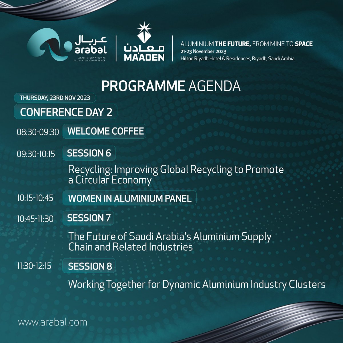 Arabal_'s tweet photo. Don't miss key sessions today at #Arabal2023, experts from across the globe gathered to discuss key topics in the aluminium industry.

Arabal 2023, taking place now in Saudi Arabia from 21 - 23 November.

#AluminiumIndustry #SaudiArabia https://t.co/HN0iMExVvo