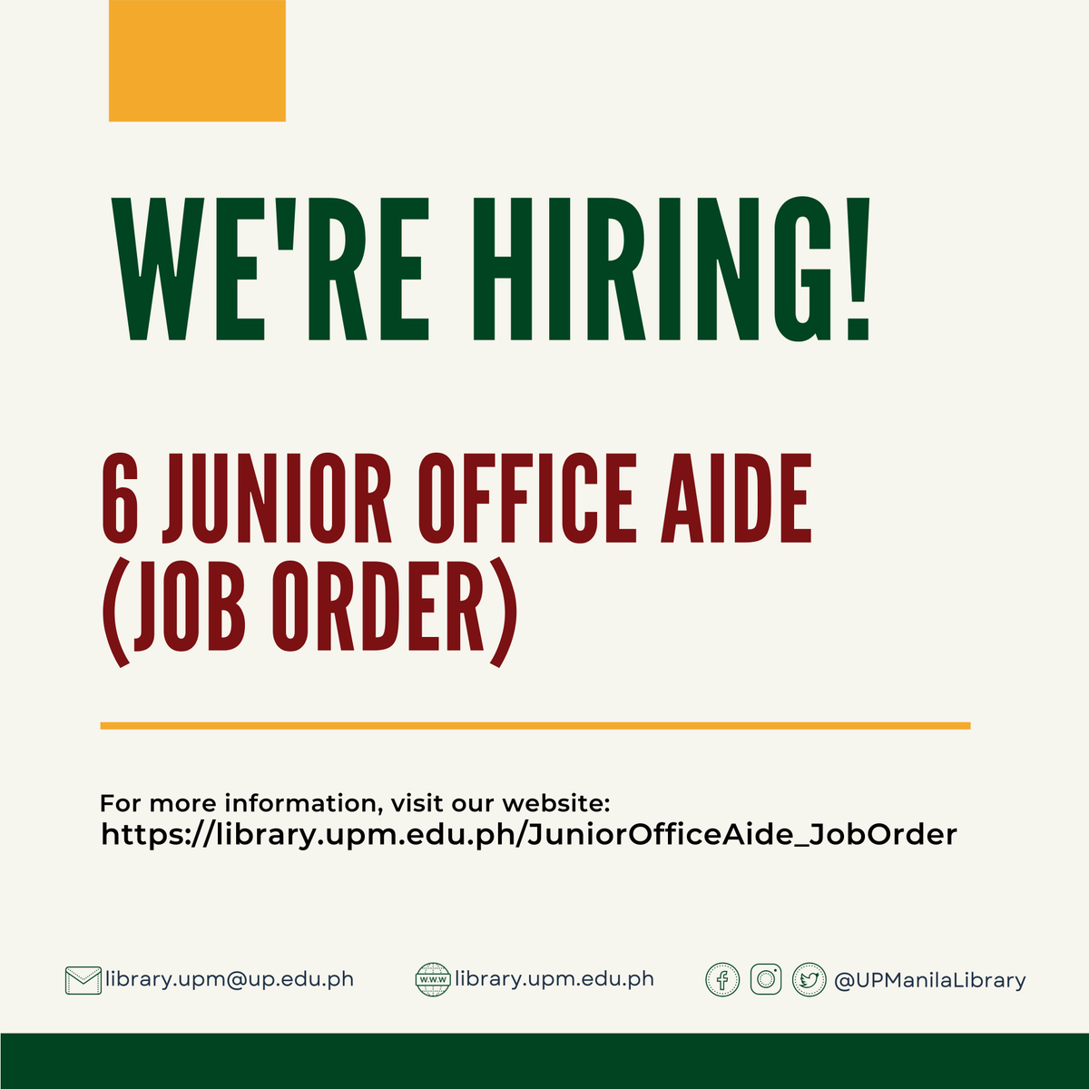 UPManilaLibrary's tweet photo. 𝐖𝐞'𝐫𝐞 𝐥𝐨𝐨𝐤𝐢𝐧𝐠 𝐟𝐨𝐫 𝐲𝐨𝐮!
For more information, visit our website:
https://t.co/BUMzk6ai0h https://t.co/XqBe4vqDcJ
