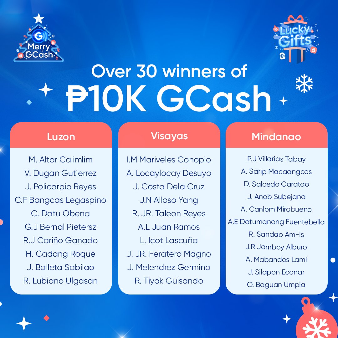 Congratulations sa 300+ LUCKY winners ng P50K, P10K, at P1K mula sa Luzon, Visayas, at Mindanao! 🤑🎅 

Lahat Merry sa Pamasko ng #MerryGCash