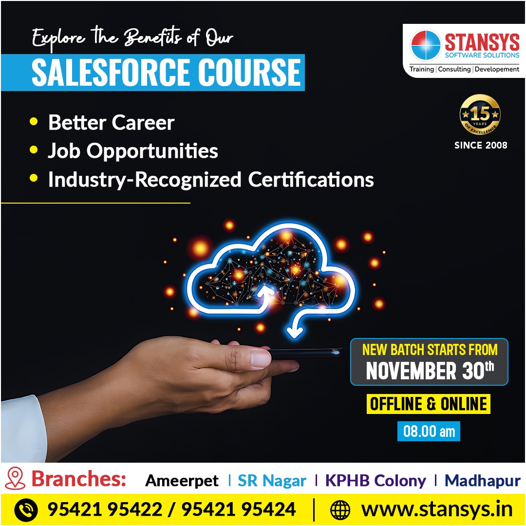 Stansys_SAS's tweet image. Embrace career excellence with our Salesforce Course! Gain invaluable skills, abundant job prospects, and industry recognition, propelling your journey to professional success. Step into a world of opportunities today.
Call Now: 9542195422 / 9542195424.
#salesforcecourse