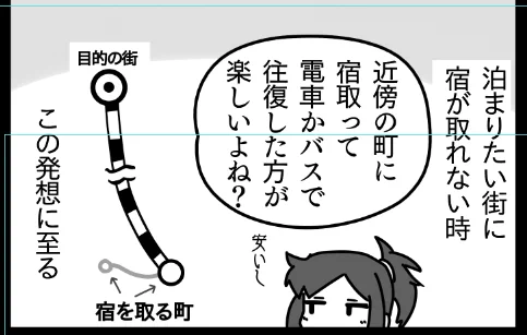 近傍の町に宿を取るコマは「1泊15000円払うくらいなら近くの町に泊ったほうが楽しそうじゃない?」を説明しています