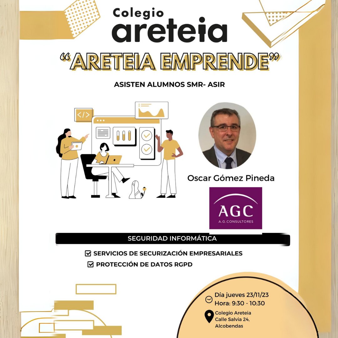 FP_Areteia's tweet photo. 🚀💻 "Areteia Emprende"

Hoy nos visitará Oscar Gómez Pineda, experto en Seguridad Informática en entornos empresariales y protección de datos RGPD.

Toda una oportunidad de aprendizaje y formación de la mano de los mejores profesionales. https://t.co/1mv75oLZP7