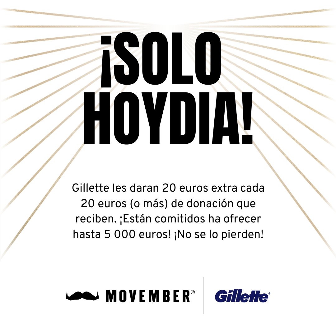 ¡Pongan las alarmas! Las donaciones de €20 o más hechas en Mo Space desde las 9:00 HOY recibirán €20 adicionales donados por nuestros amigos de <a href="/Gillette/">Gillette</a>. Así que, ¡comparte ya tus Mo Spaces!

Leer las condiciones generales aquí: es.movember.com/terms