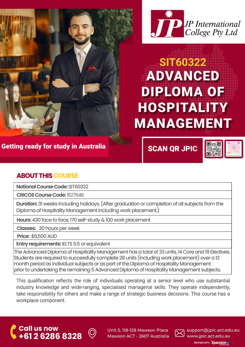 JP International College (@jpinternation15) on Twitter photo SIT60322 Advanced Diploma of Hospitality
Management
jpic.act.edu.au
marketing@jpic.act.edu.au
+61 262868328
#JPIC
#StudyInAustralia
#HospitalityEducation
#CanberraCollege
#GlobalHospitality
#ManagementCourses
#BusinessEducation
#CommercialCookery SIT60322 Advanced Diploma of Hospitality
Management
jpic.act.edu.au
marketing@jpic.act.edu.au
+61 262868328
#JPIC
#StudyInAustralia
#HospitalityEducation
#CanberraCollege
#GlobalHospitality
#ManagementCourses
#BusinessEducation
#CommercialCookery