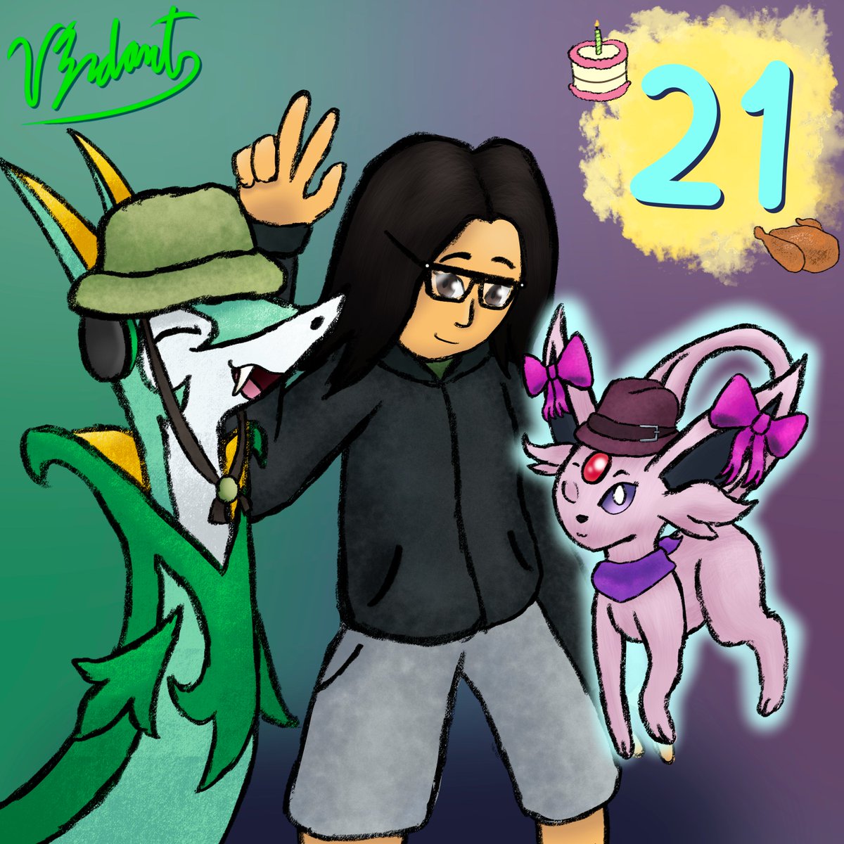 V3rdant_TW's tweet photo. Wow, I actually managed to get a birthday picture out for myself this year

Anyways funny balloons AND turkey day today

#birthday #Serperior #Espeon https://t.co/3lZeryxneU