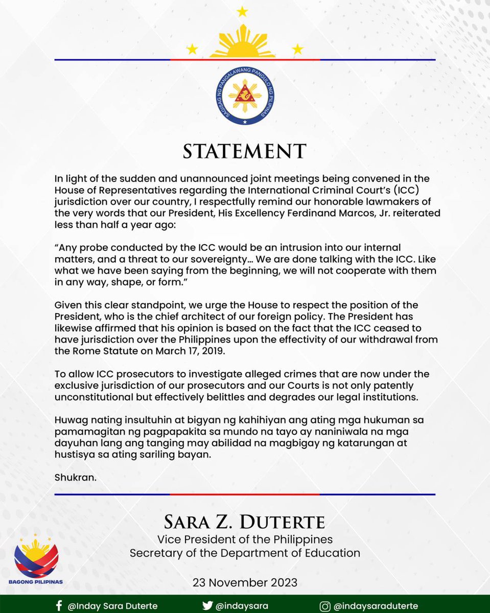 pnagovph's tweet photo. JUST IN | Vice President and Education Secretary Sara Z. Duterte says allowing International Criminal Court (ICC) prosecutors to pursue its investigation into the country's war on drugs during the time of her father, former President Rodrigo R. Duterte, https://t.co/DJJOxvwEal