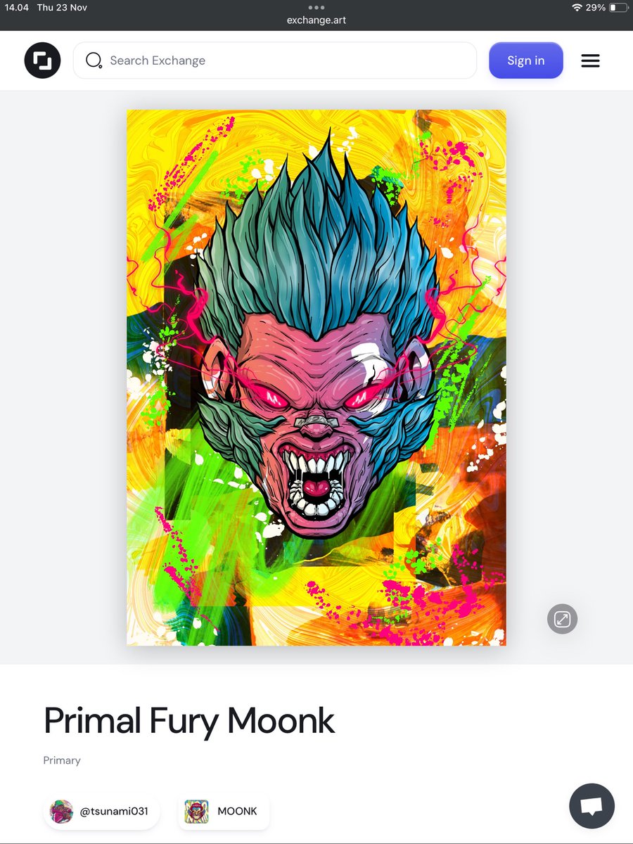 tsunami031's tweet image. surprise surprise..
now live on @exchgART 
1/1 piece for 24hours AUCTION
-
"Primal Fury Moonk" 
reserve : 0.5 ◎
-
link to artwork : 
exchange.art/single/3sm5j6f…

-
#SolanaNFT #exchangeart #solana #solanacommunity #NFT #NFTs #NFTcommunity #exchgart 
@NFTindonesia_