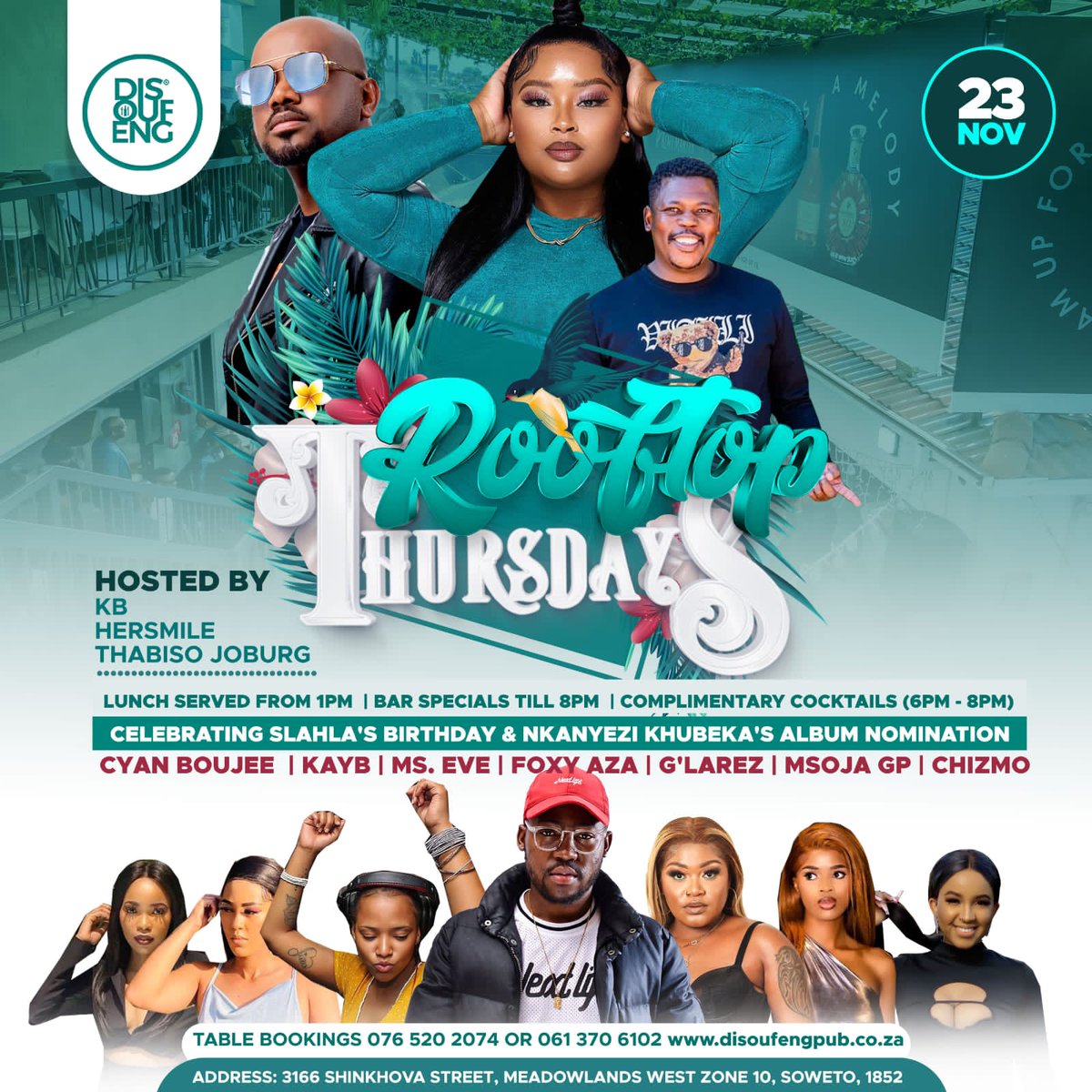 🚨🚨 Happy ROOFTOP THURSDAYS 🚨🚨

Lets meet at the top in celebration of <a href="/NkanyeziKubheka/">Nkanyezi</a> 
album nomination 🎊🎊🎊

We still got those BAR SPECIALS 
and COMPLIMENTARY DRINKS 🥂🤌🏽🕺🌄🌈

<a href="/DISOUFENG_PUB/">Disoufeng Pub & Restaurant</a> is the place to be 

#hostedbyhersmile1 
#RooftopThursday 
#lasofa