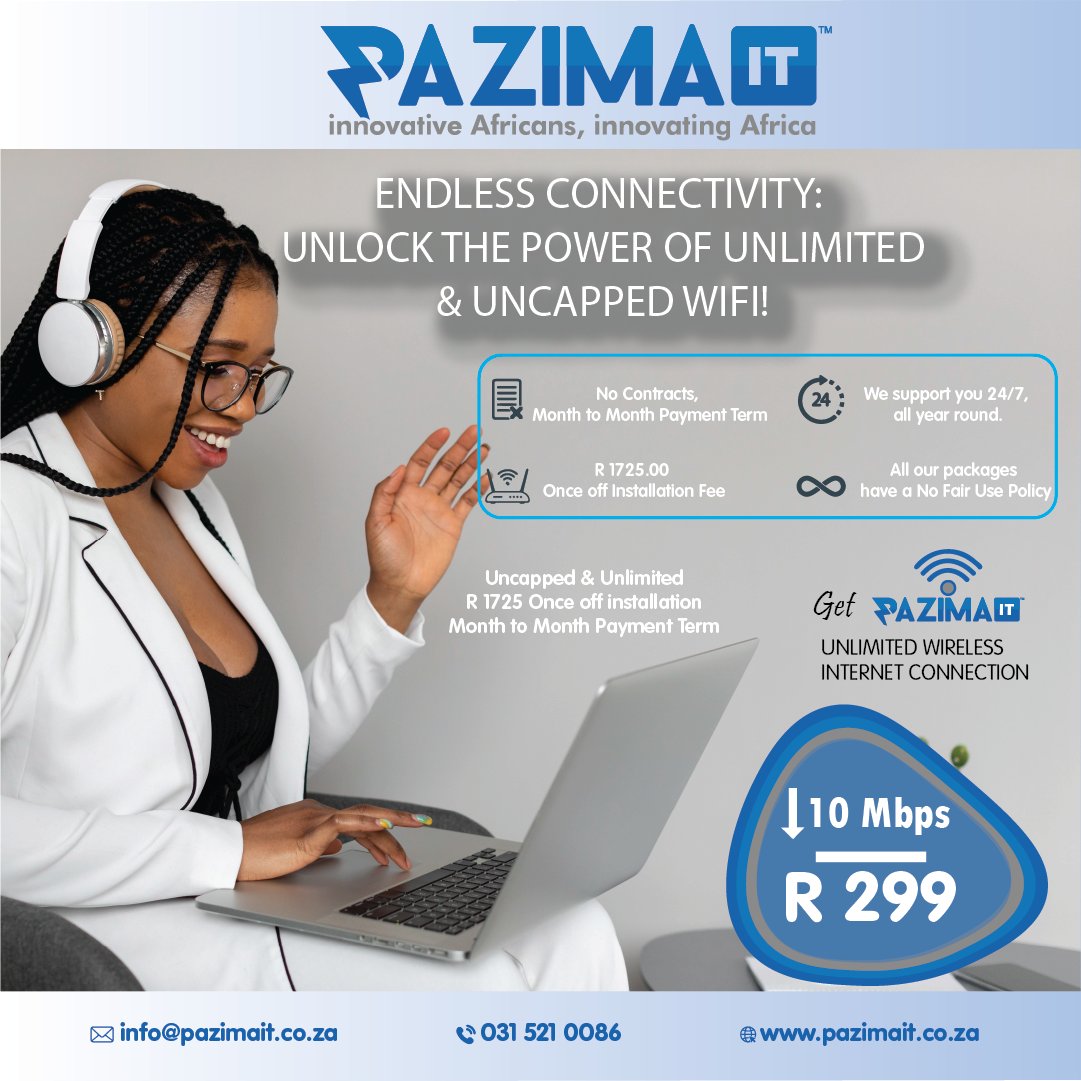 PazimaIT's tweet image. Experience the freedom of limitless web surfing! 🌐 Dive into a world of affordable, high-speed WiFi with pazimait.co.za. Stay seamlessly connected without burning a hole in your pocket! 💻📱 #ConnectivityForAll #AffordableWiFi #UnlimitedSurfing
