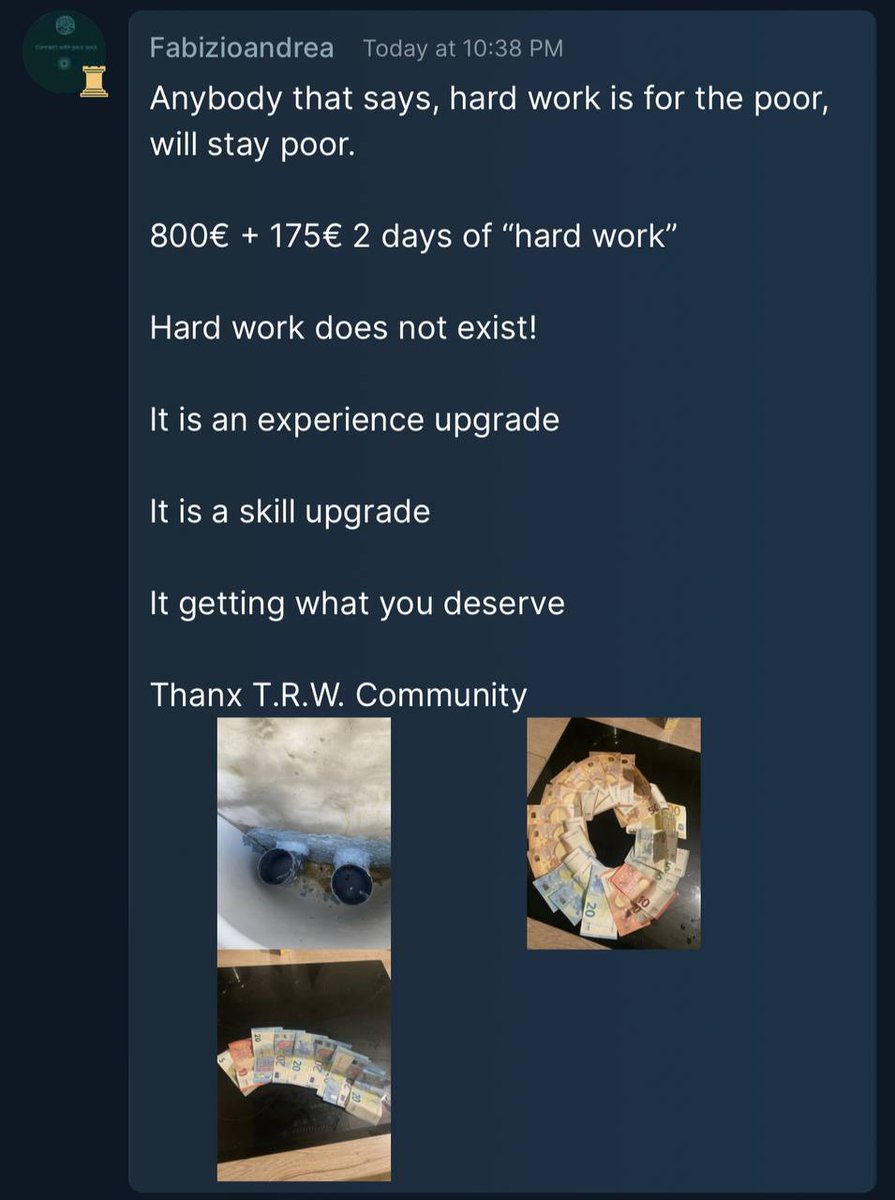 Anyone who says hard work is for the poor will stay poor. 

He earned 800€ + 175€ in just 2 days of "hard work". 

Hard work is not a burden, it's an upgrade! 

It's about upgrading your skills, experiences, and getting what you deserve.