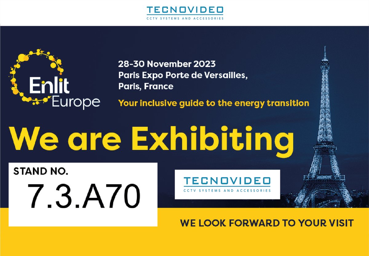 tecnovideo's tweet photo. Happy Thursday! The countdown has begun. We are exhibiting at #EnlitEurope 2023 [28-30 November, Paris] 📅 Join us there! ✨
@Enlit_Europe
 #energy #exhibition #paris #parisexpo #cctv #surveillancesolutions #videosurveillance #cctvcamera #4k #HD #cleanimage #monitoring #joinus https://t.co/7rngR7G38E